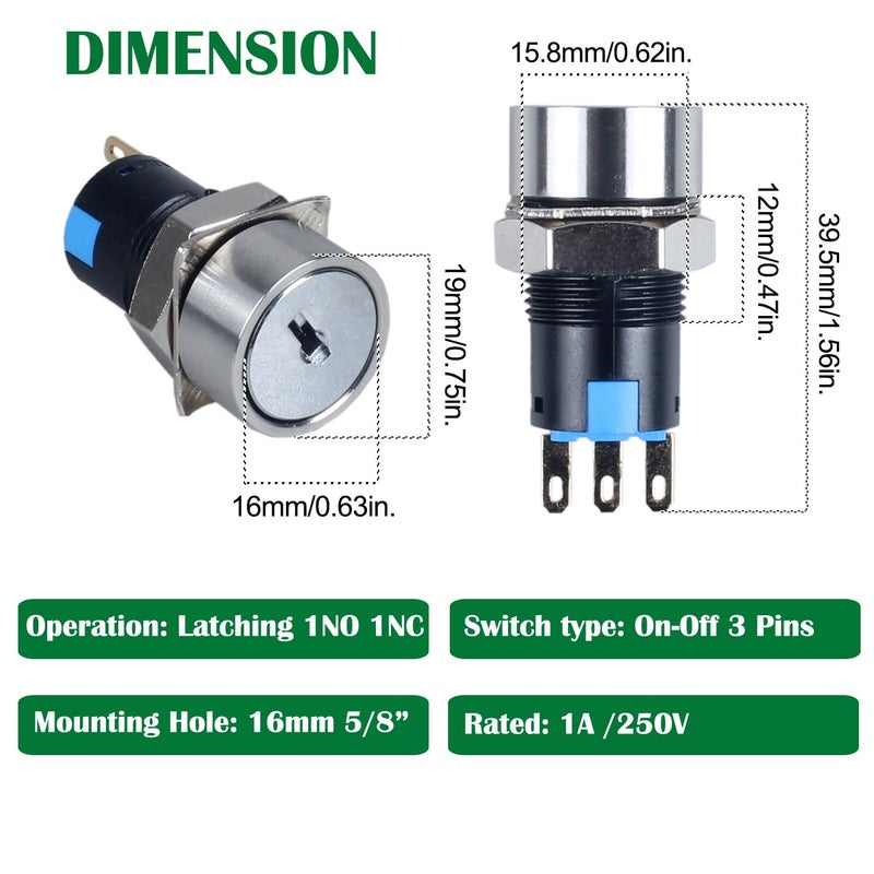 DMWD 16mm ON Off Metal Key Lock Switch 3Pin 1NO 1NC Lock Maintained Latching Key Switch - Image 2